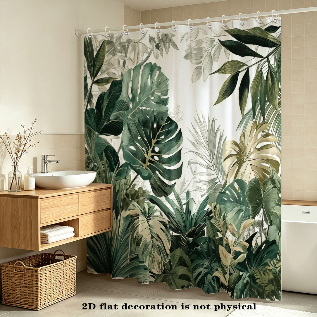 TEMU 2d Flat, 2d Curtain 1pc, Tropical Plant Leaf Print Shower Curtain, Style,, Easy To Clean, Includes Hooks, Simple Hanging Installation, Bathroom