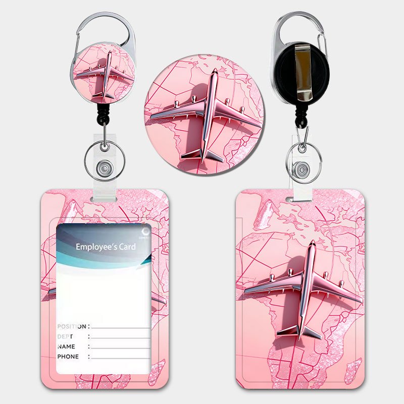 TEMU Rose Golden Airplane World Map Print Personalized Holder With Retractable Lanyard And Keychain Durable Plastic Card Holder Suitable For Id