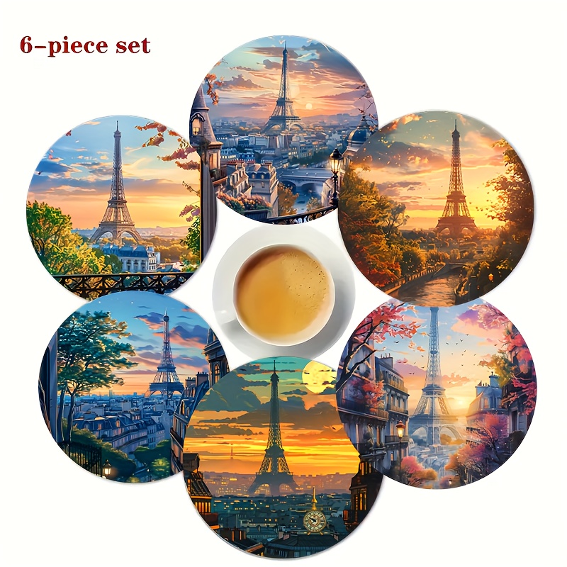 TEMU Ensemble de 6 sous-verres en bois Tour Eiffel, sous-verres 2D sur le thème de Eiffel au coucher - Cadeau parfait pour et , idéal pour les tables