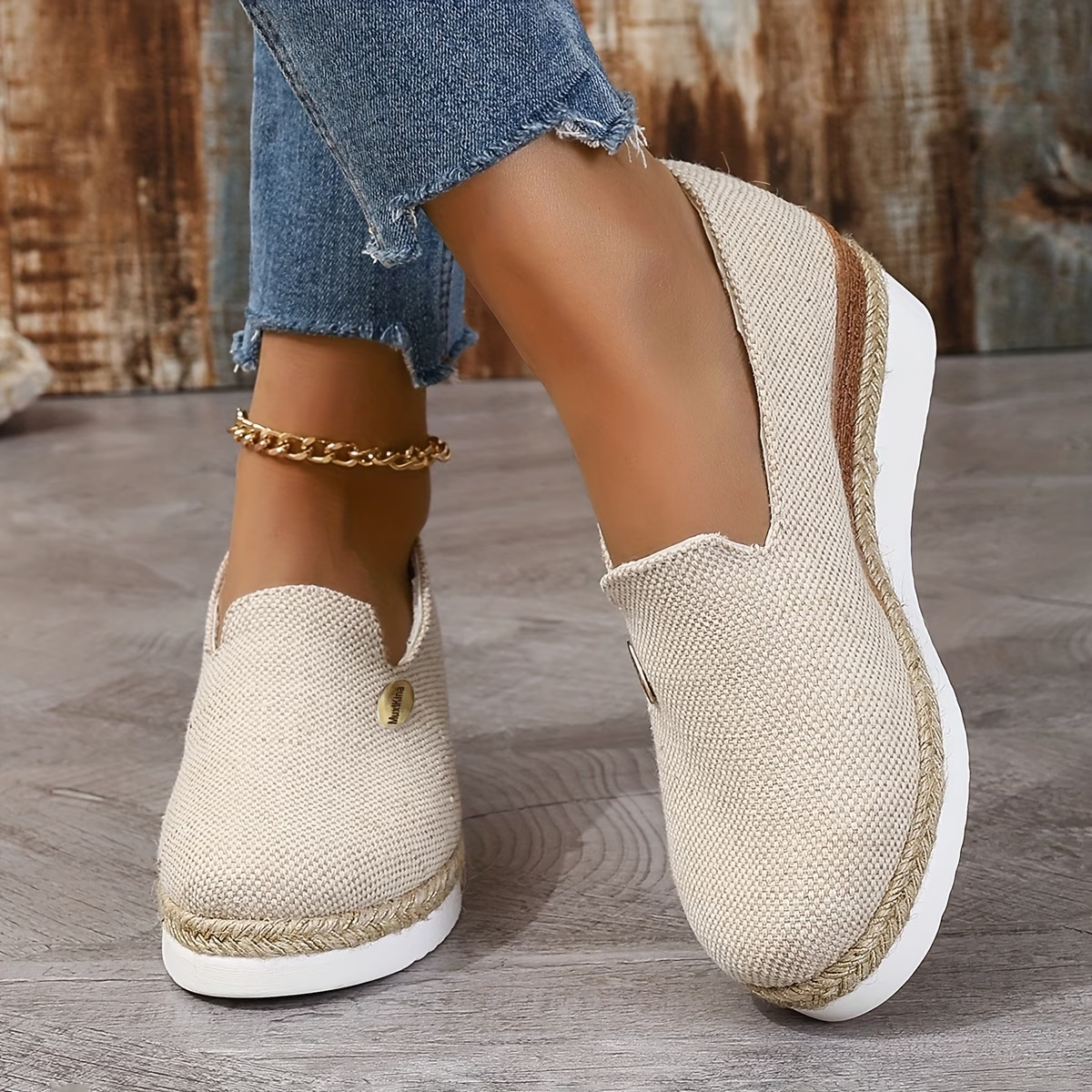 stylish beige fabric casual slip on loafers for  n leisure footwear  ns walking sandals thick soled sandals  ns slippers  ns sandals flat shoes  ns slip    ns boots  ns thick soled shoes    n shoes
