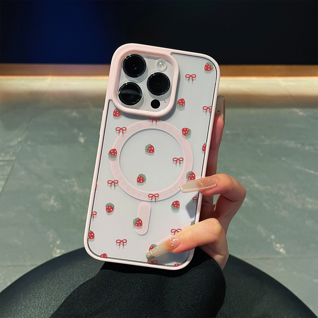 TEMU Phone Case - Cute Strawberry Bow Print Magnetic Phone Case, Lightweight Anti-scratch Anti-drop High Back Panel Soft Edges, Suitable For Full