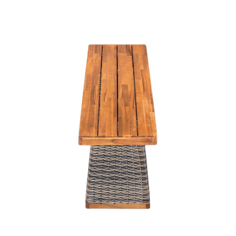 Outdoor 1pc Acacia Wood Bench, Teak Finish+ Grey Wicker