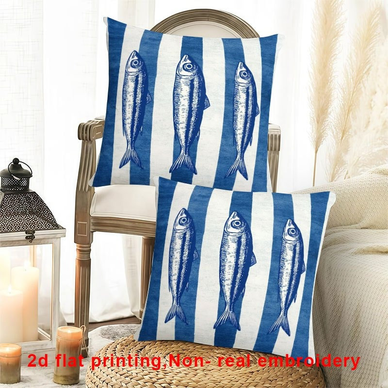TEMU 2D Plat - 2pcs Taies d'oreiller imprimées 2D à motif de poisson rayé bleu, impression numérique - Très appropriées pour la décoration intérieure