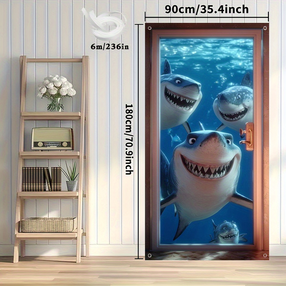TEMU 2d Flat, 2d Door Banner, 1pc Shark Invasion 2d Door Banner - 3d With 2d Flat Printing, Self-adhesive Removable Polyester Fabric For