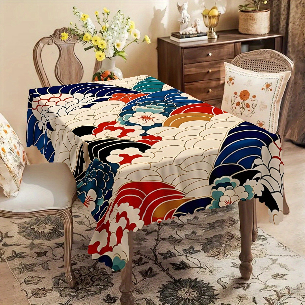 TEMU 2d 1pc Traditional Tablecloth, Classic Japanese Wave And Floral Patterns, And Strong Contrast, Printed Tablecloth, No Wrinkles, Kitchen Table