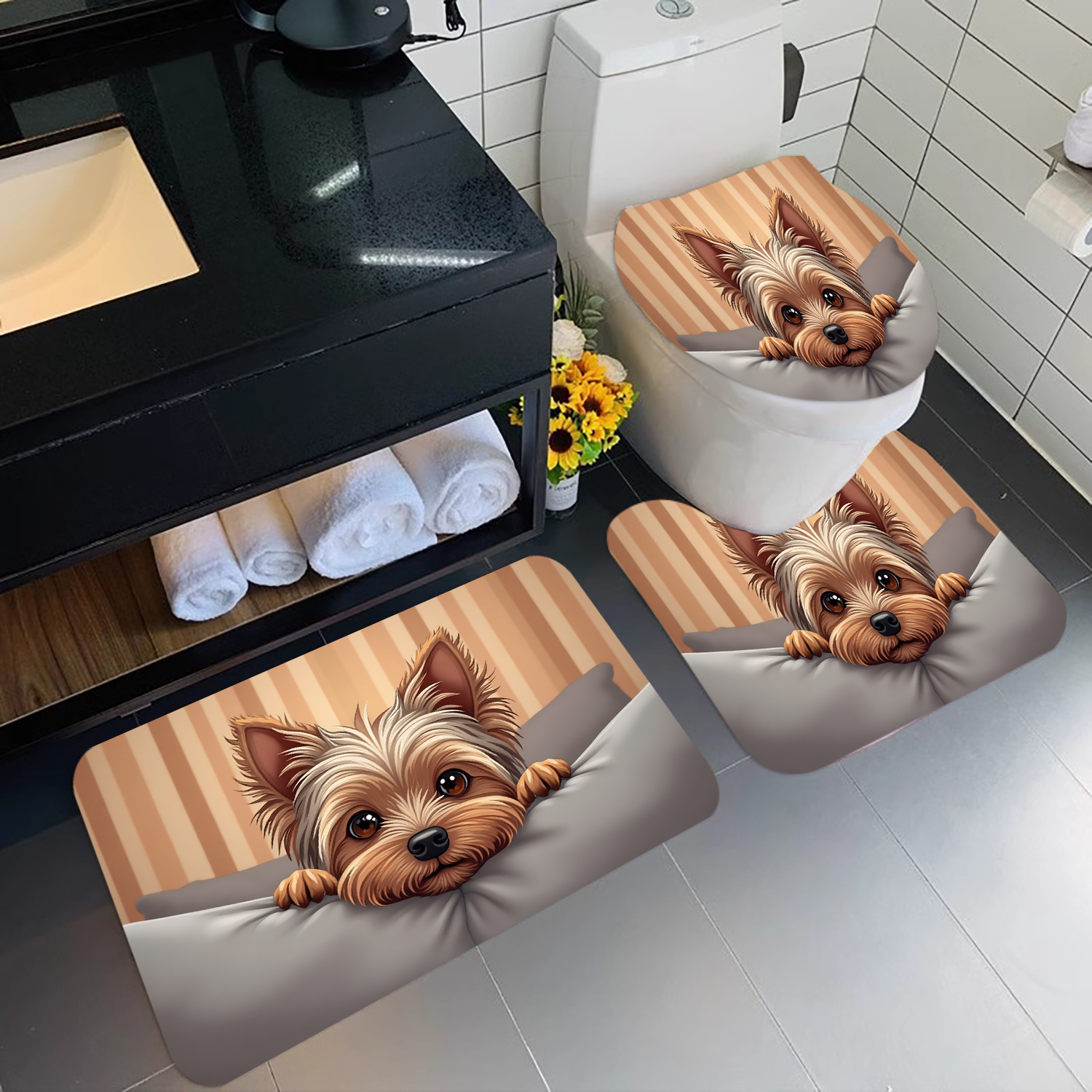 TEMU 3pcs Yorkshire Terrier Pattern Print Bathroom Mat Set, -themed Decorative Floor Mats, Includes Toilet Lid Cover And U-shaped Rug