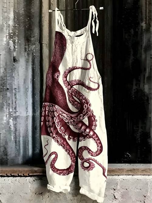 item picture womens dark print wide leg loose jumpsuit with thin straps casual artistic sleeveless overalls suitable for everyday wear