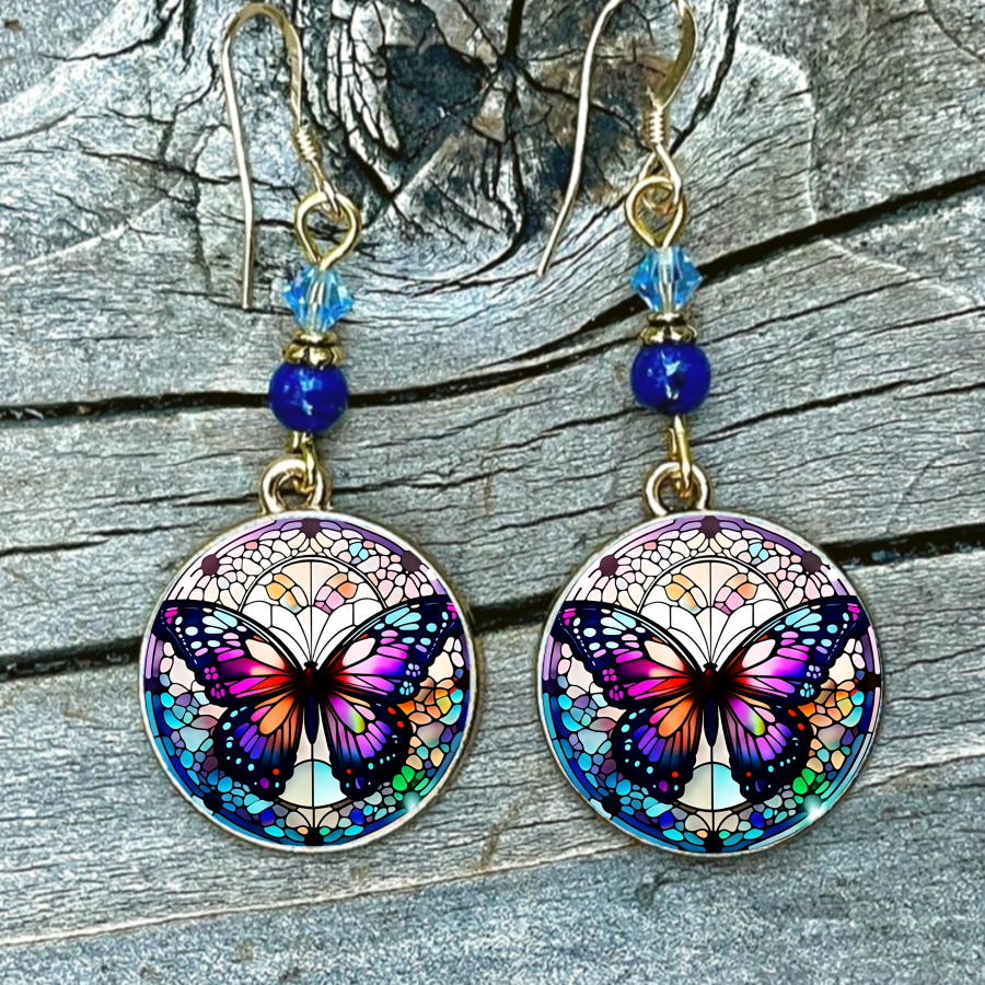 TEMU 2pcs Stained Glass Earrings - Colorful Pendant Dangle Jewelry Suitable For, Elegant Retro Wings, Wearable For Daily Use & , Ideal For Christmas,
