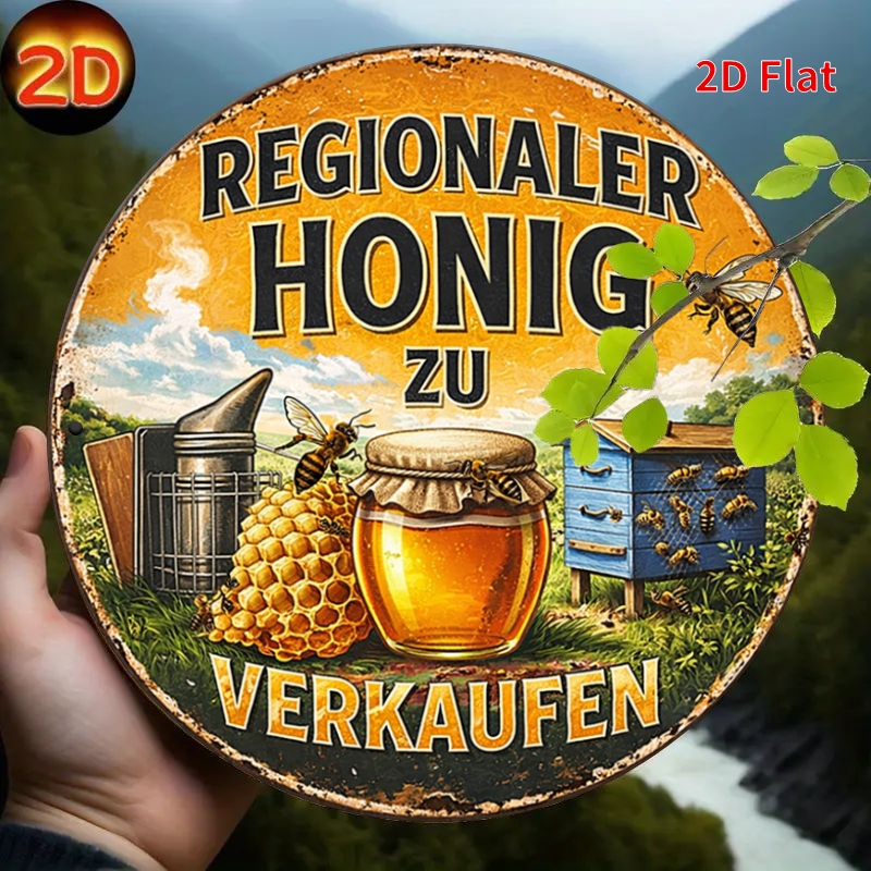 Image of 2d Flat, [2dflat]1pcs 20x20cm- Decorative Signs, Retro German Honey Wall Art, Regionaler Honig Metal Sign, Perfect For Farmhouse, Kitchen, Beekeeper Decor, 2d Flat