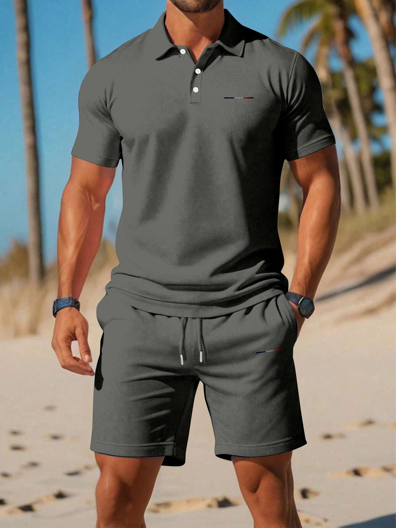 Men'S Summer Polo Shirt Sports Casual Outfit, Featuring a Short-Sleeve Collar Design And Pocketed Belt Shorts, Perfect for Outdoor Leisure And Beach Relaxation