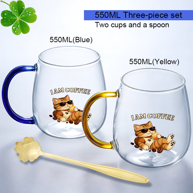 TEMU 3pcs Set, Exquisite Four-color Handle Belly Cup, 2 Cups Plus 1 , High Borosilicate Glass, Large Capacity, Exquisite Printing, Juice, Milk,