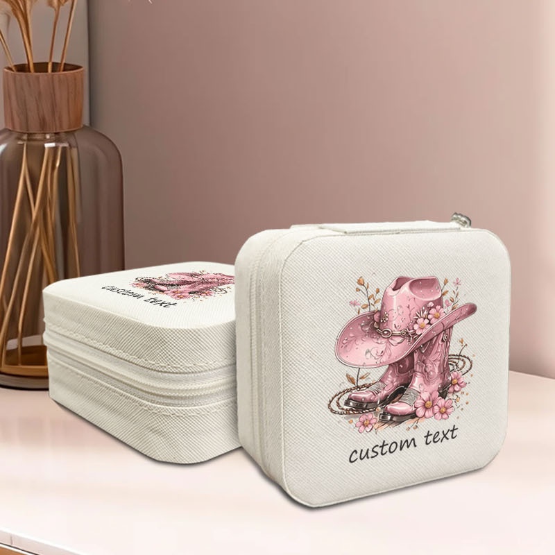 TEMU Customizable Name, Text, Classic Stylish Jewelry Box, Pink Denim Hat And Boots Decorated With Floral Elements, Portable Accessory Storage Bag