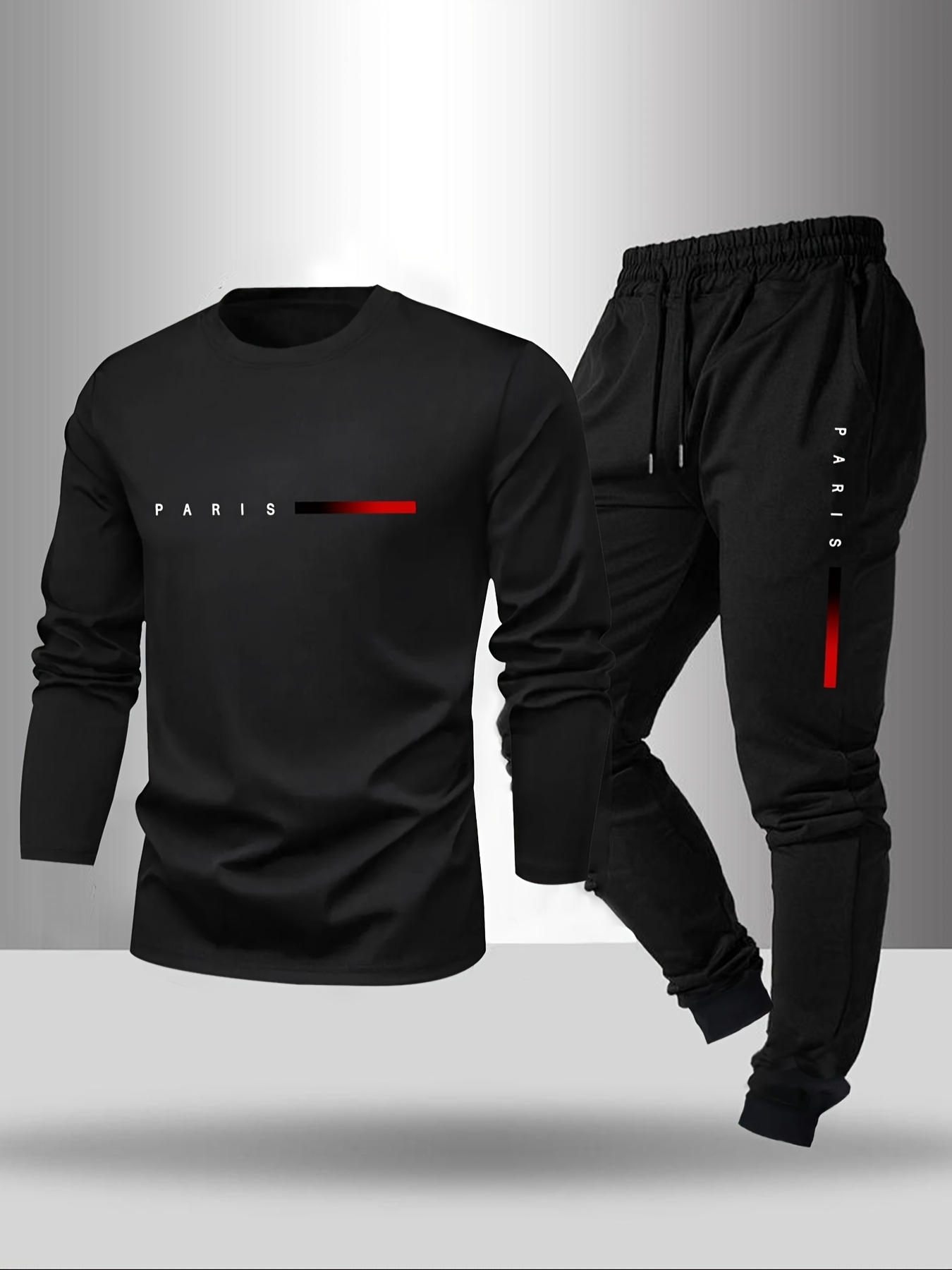 mens long sleeved t shirt blouse and pants spring and autumn 2  set paris letter print round neck long sleeved t shirt drawstring outdoor casual sports pants 2  set