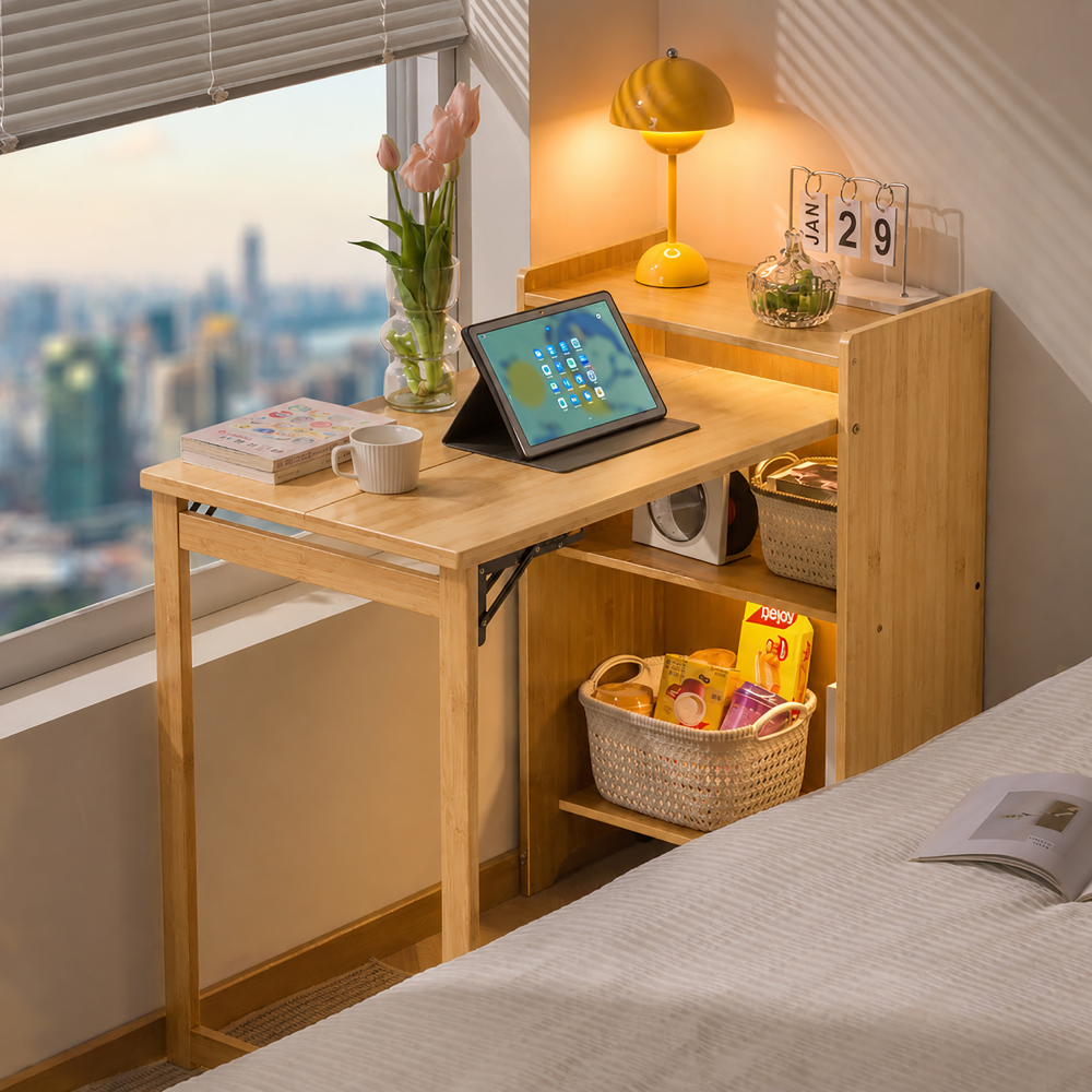 Bamboo Folding Desk for Small Spaces with Storage, Foldable Mid Century Modern Drop Leaf Desk, Vintage Fold Out Hideaway Small Desks for Bedroom Or Home Office