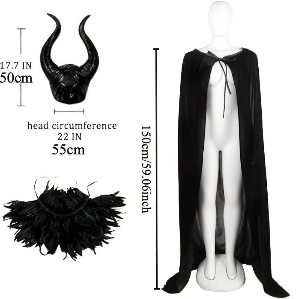 TEMU 3 Piece Dark Wizard Cloak Set, Including Unique Feather Trim, Wizard Robe Retro Headpiece, To Assist Halloween Creative Role-playing, Halloween