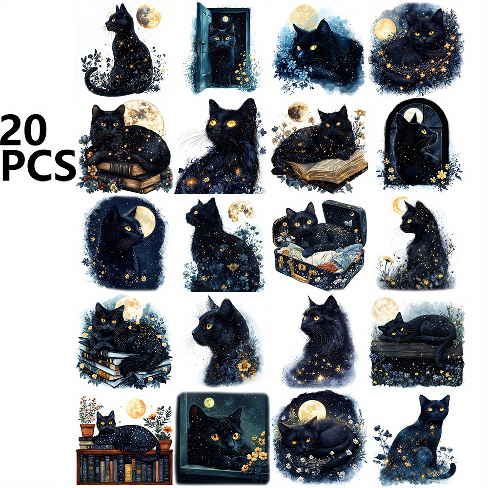 Image of 20pcs Night Black Cat Stickers Pack For Crafts Projects Scrapbooking Luggage Laptop Notebook Journaling Photo Album Decor Stationery Additions Aesthetic Decoration Decals Valentine's Day Birthday Gift