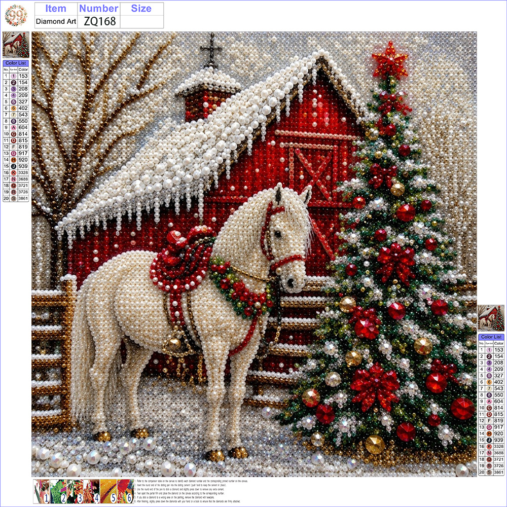 TEMU Diy Pearl Art Painting Kit 11.8 X 11.8 Inches - White Horse By A Christmas Barn Design, Includes Round Pearls, Sparkling Gems, Clear Symbols,