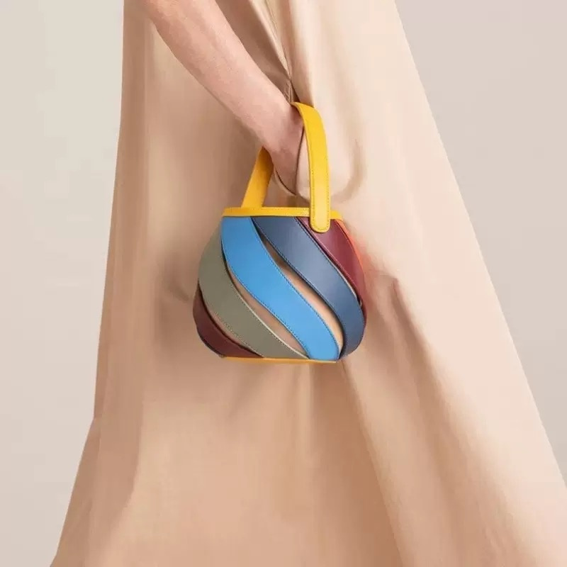 Women's Geometric Rainbow Color-Block Bucket Bag - Genuine Leather Adjustable Crossbody Shoulder Bag with Oil-Trim Finish, Cylindrical Tote for Daily Commute & Vacation, Small Handbag with Drawstring Closure, Casual Outing, Modern Aesthetic, Durable Construction, Working Professionals