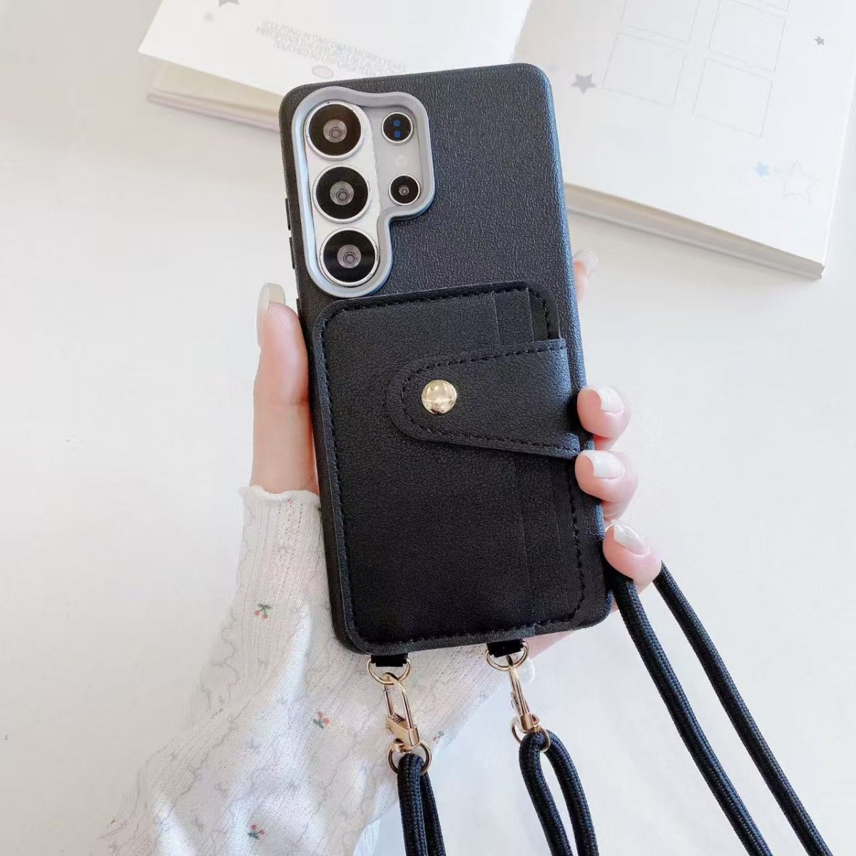 TEMU Phone Case - Easy Matte Multi-functional Dual-card Slot Card Holder Double Closure Handmade Long Lanyard Phone Case Compatible With Galaxy A32