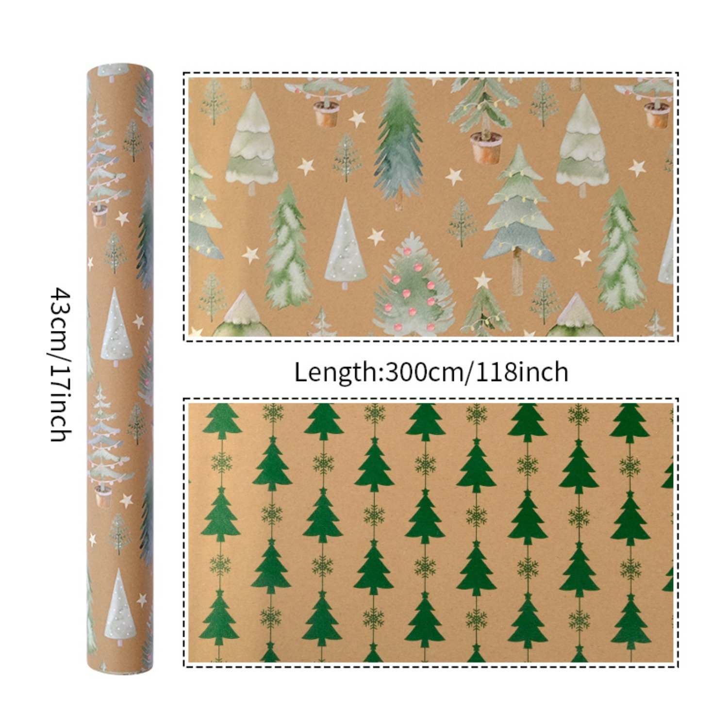 TEMU 1 Rouleau de de Noël Double Face – Motif Aquarelle et Arbre Vert, Papier Double Face, Convient pour Cadeaux de Noël, Emballage de Cadeaux de