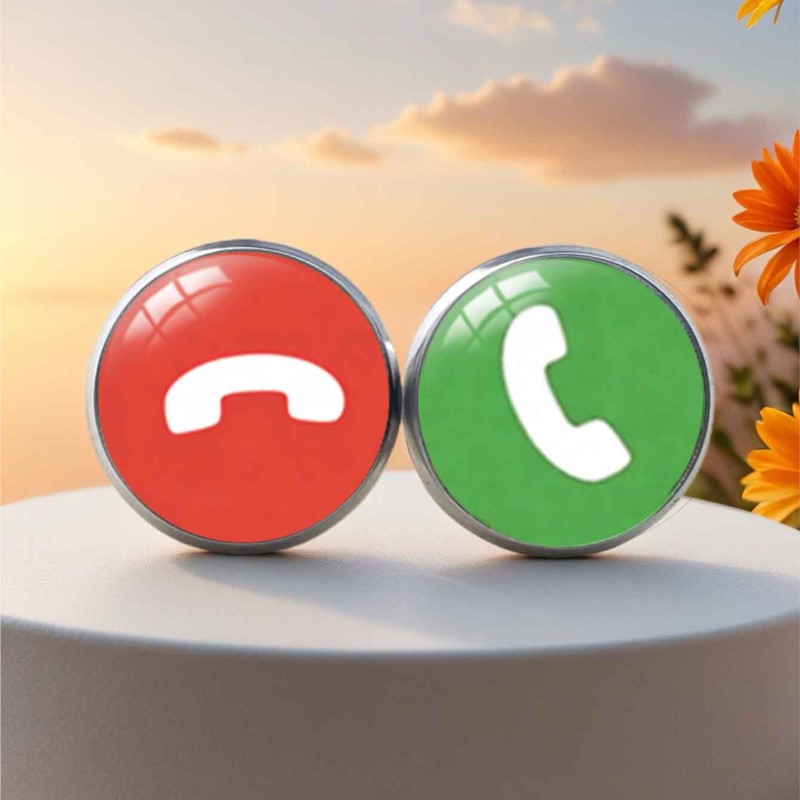 A Pair Of Telephone Symbol Earrings Featuring Red And Green Phone Icons, Perfect For Men Who Enjoy Nostalgic And Quirky Jewelry Gifts, Ideal For Retro Enthusiasts, Without Battery