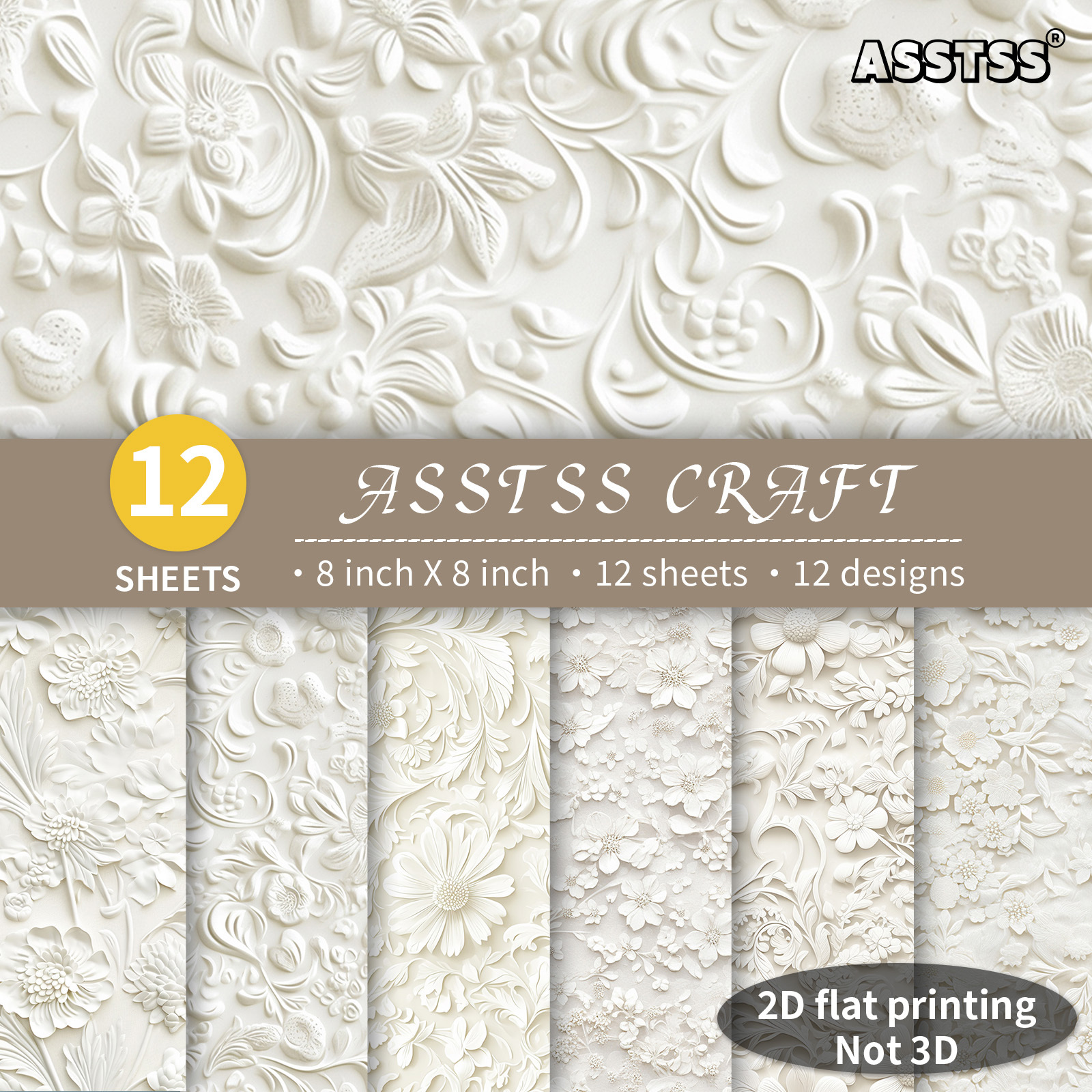 TEMU Lot de 12 feuilles de papier scrapbooking ASSTSS de 8 x 8 pouces, papier de base élégant et luxueux avec floraux gaufrés plats/2D, papier
