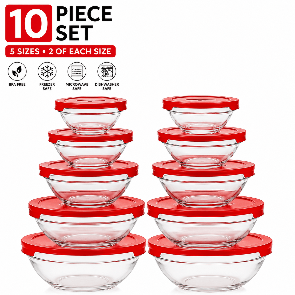 TEMU 10pcs Glass Food Storage Bowl Set With Red Lids, 5 Assorted Sizes, Clear Round Glass Containers For Meal Prep, , Fruit, Salad & Kitchen Storage