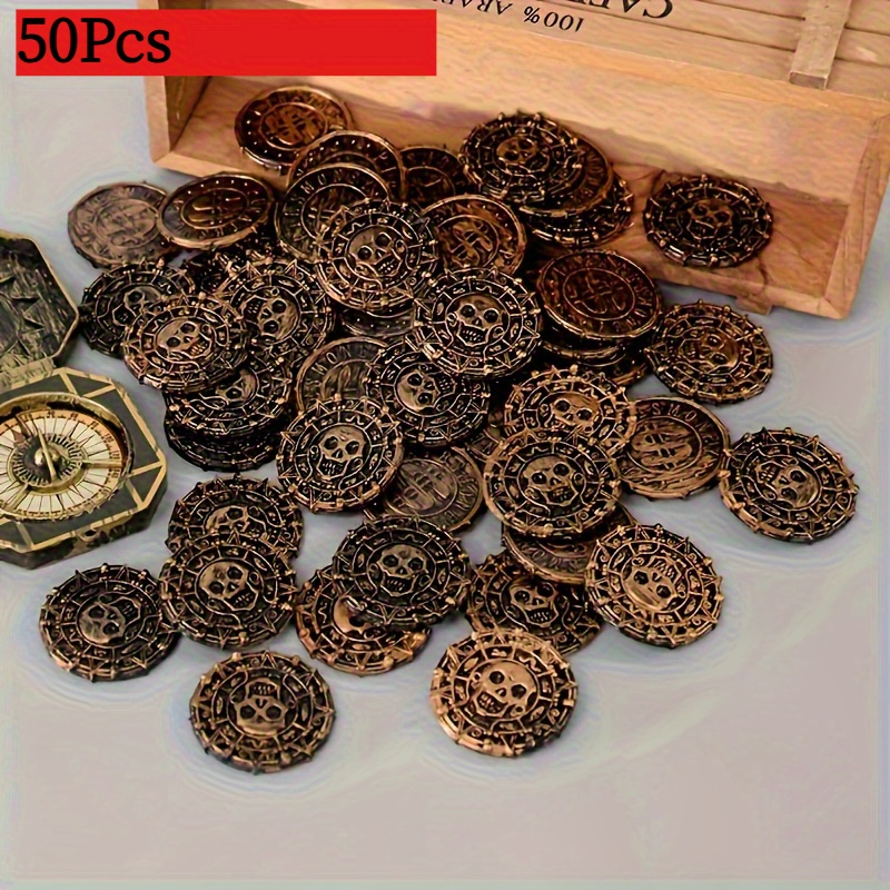 Image of Gift For Her/him 50pcs Decoration - Plastic And Cross Design, Metal Golden Surface, Perfect For Birthday Or Pirate Themed Parties, Ideal Party Supplies, Retro Coin Design | Metal End