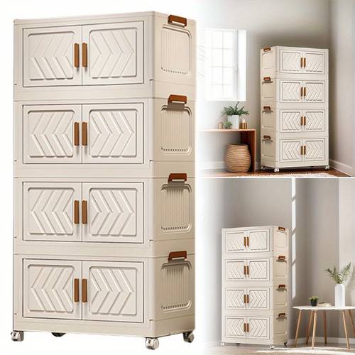 a versatile open storage unit with four layers that folded and designed for stacking and with wheels this multi functional cabinet is ideal for settings such as dorms bedrooms and