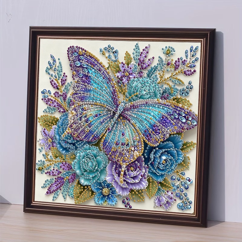 TEMU Shimmering Floral Pearl Diamond Painting Set, 30x30cm With Iridescent Blue-purple Wings And Teal Flowers, Irregular Bead Art Piece, Frameless