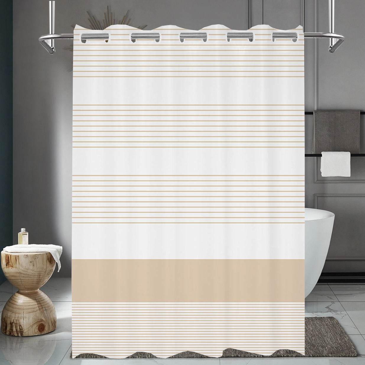 TEMU 1pc Single-layer Large Ring Shower Curtain, Ins-style Striped Partition Curtain, Essential For Home Bathrooms, No-drill Installation, High-end