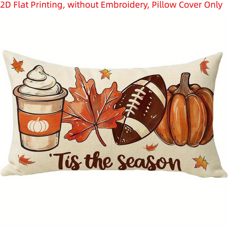TEMU 1pc, 2d Flat Printing, Fall '' Decorative Pillow Cover, Autumn Football, Pumpkin, Maple Leaf Design, Single-sided Printing, Without Embroidery,
