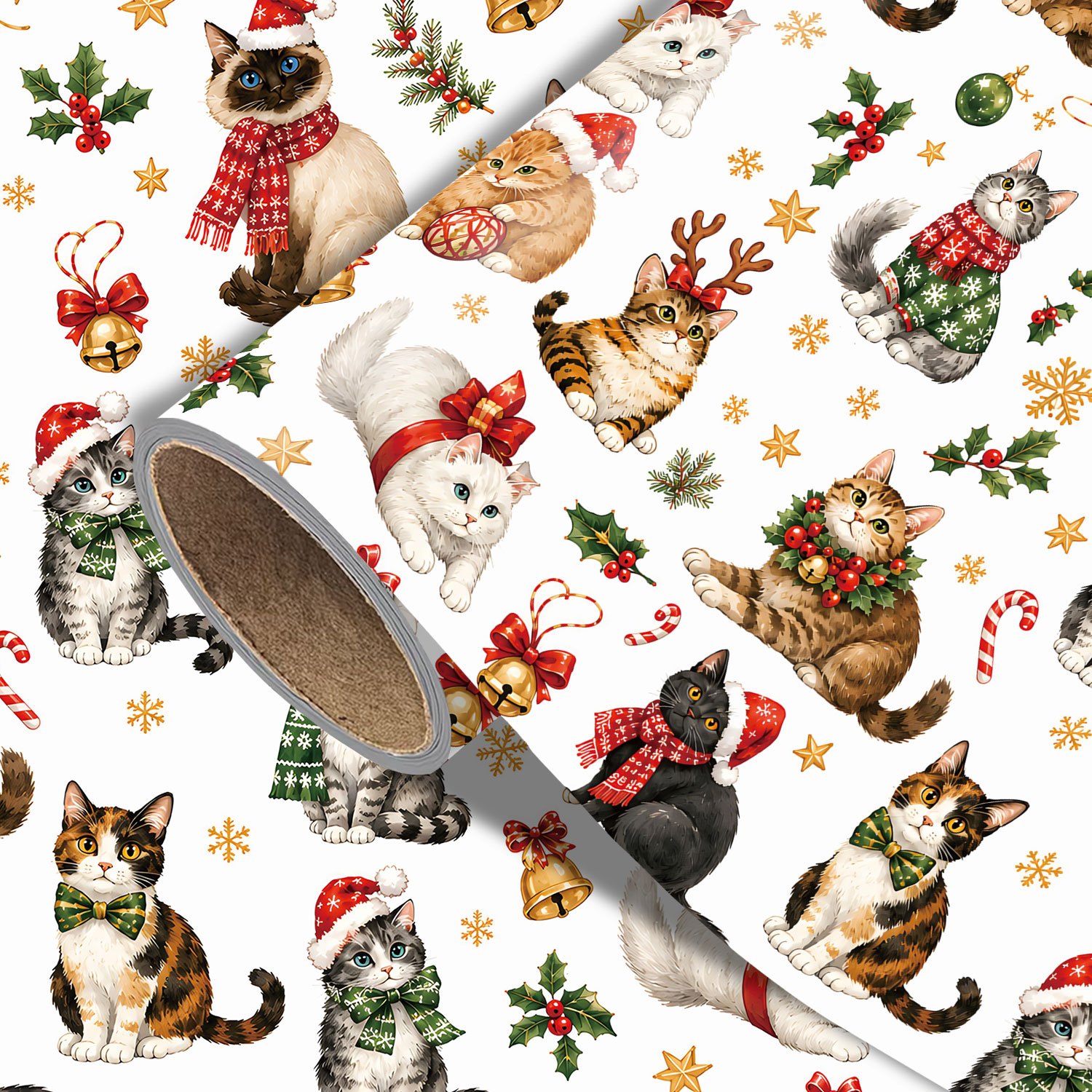 TEMU Rouleau de Chat de Noël - 17.7 X 118 pouces, Papier d'emballage cadeau de Noël avec des chats portant des chapeaux de Père Noël, des pulls de
