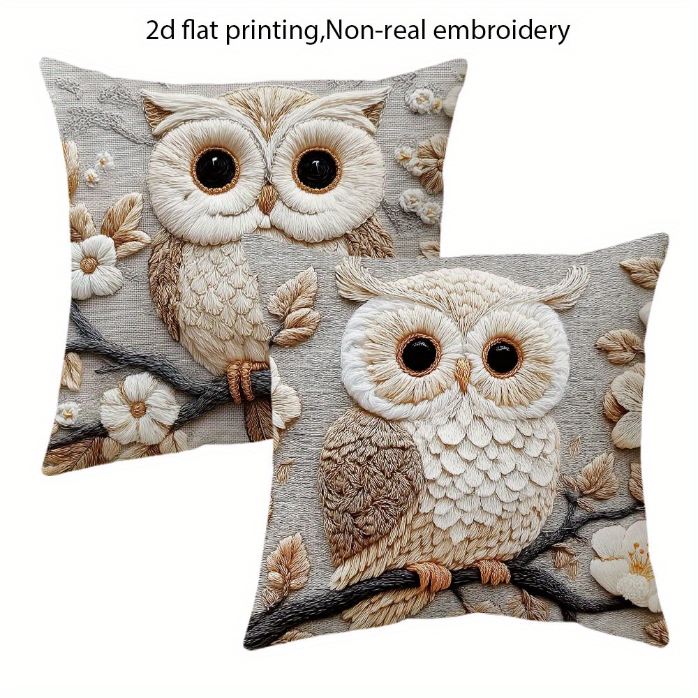 TEMU [JIT] 2er-Set, Kurzplüsch-Kissenbezüge mit 2D-Flachdruck-Design „Duo sitzende Eulen“, keine echte Stickerei, botanische Eleganz