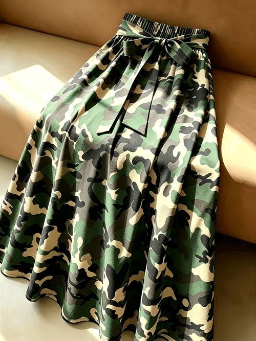 summer womens high waist a line navy camouflage print skirt with spring summer green casual versatile elegant length skirt for going out