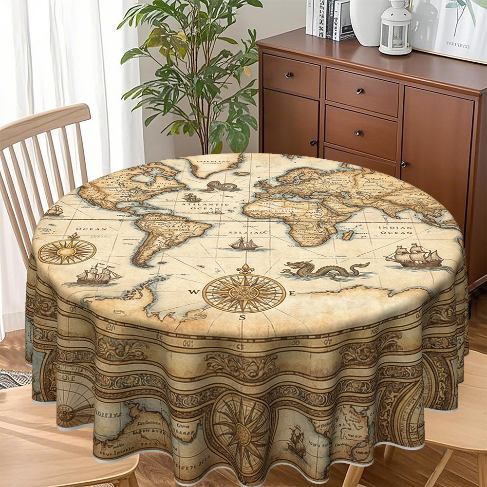 TEMU 1pc Nautical Chart Tablecloth Suitable For Round Tables - Sea With Compass, Fabric Suitable For Kitchen, Dining Table, Summer Parties, Picnics,