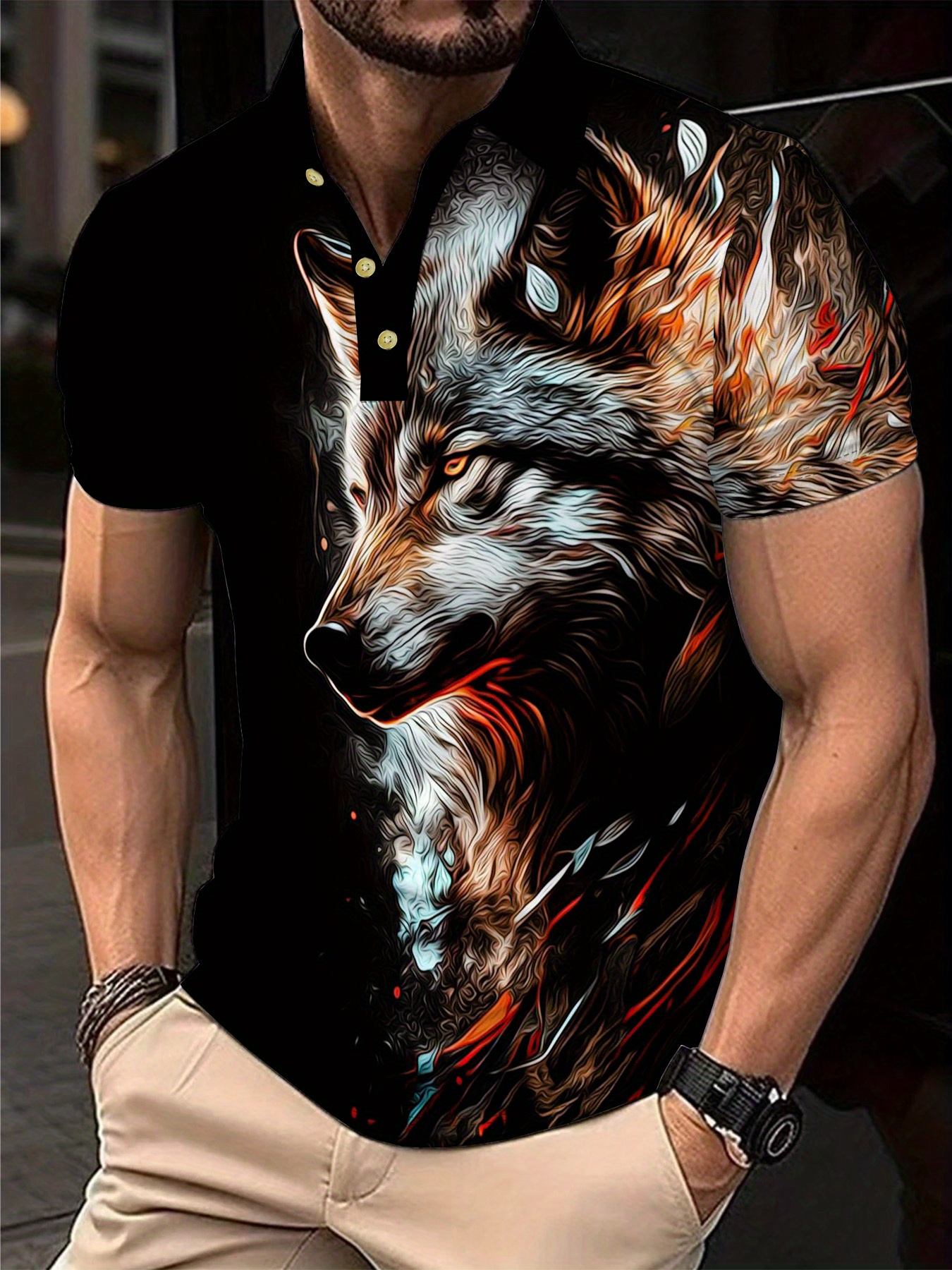 mens wolf print shirt breathable lightweight short sleeve for golf casual outdoor wear   black with vibrant wolf design polyester fabric   tennis golf events wolf t shirt