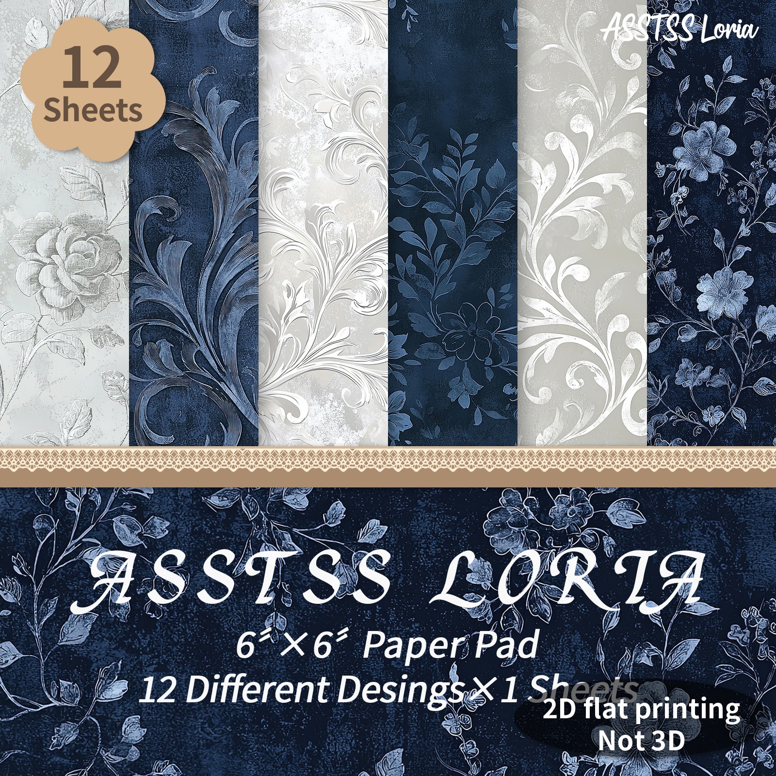 TEMU Lot de 12 feuilles de papier scrapbooking ASSTSS Loria 6X6 pouces, papier de support bleu marine et fleurs argentées/plan/2D, papier cartonné