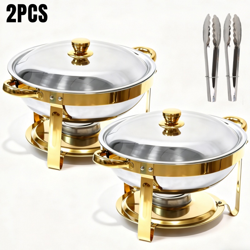 TEMU 2pcs (2 Pack) 5-quart Commercial & Stainless Steel Insulated Food Pot With Lid & Stand - Heavy-duty Suitable For Parties, Weddings, Catering,