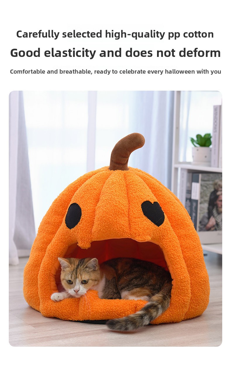 for halloween pumpkin pet nest orange plush soft fabric dome shaped enclosed pet bed with carved eyes and brown stem cozy hiding spot for small for halloween themed festive additions for indoor for halloween celebrati Product details 2