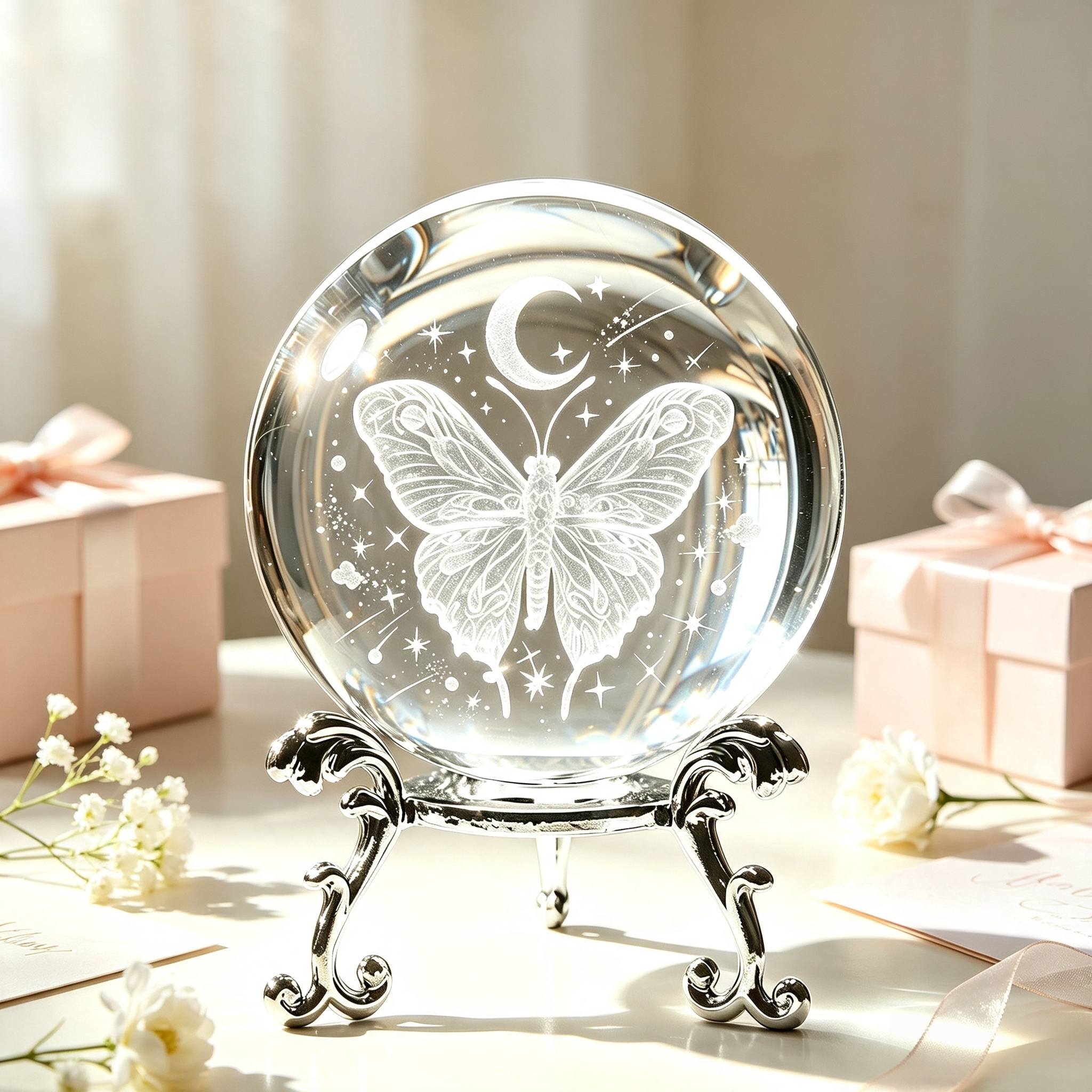 TEMU 3d Crystal Ball Ornament, Vintage Carved Silvery Metal Stand, Transparent Glass Sphere, Bedroom Desktop Ambient Decoration, Birthday Gift For