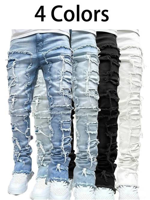 in four colors mens ripped jeans vintage street style jeans fashionable spliced fit jeans mens elastic fit jeans