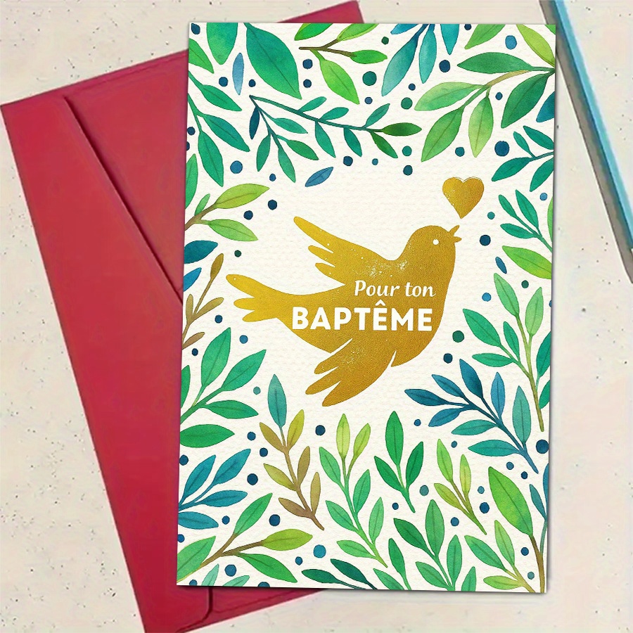 TEMU 1 Carte de Vœux + 1 Enveloppe, une Élégante Carte de Baptême avec un Motif de Dorées et de Feuilles, Parfaite pour et pour Commémorer des Étapes