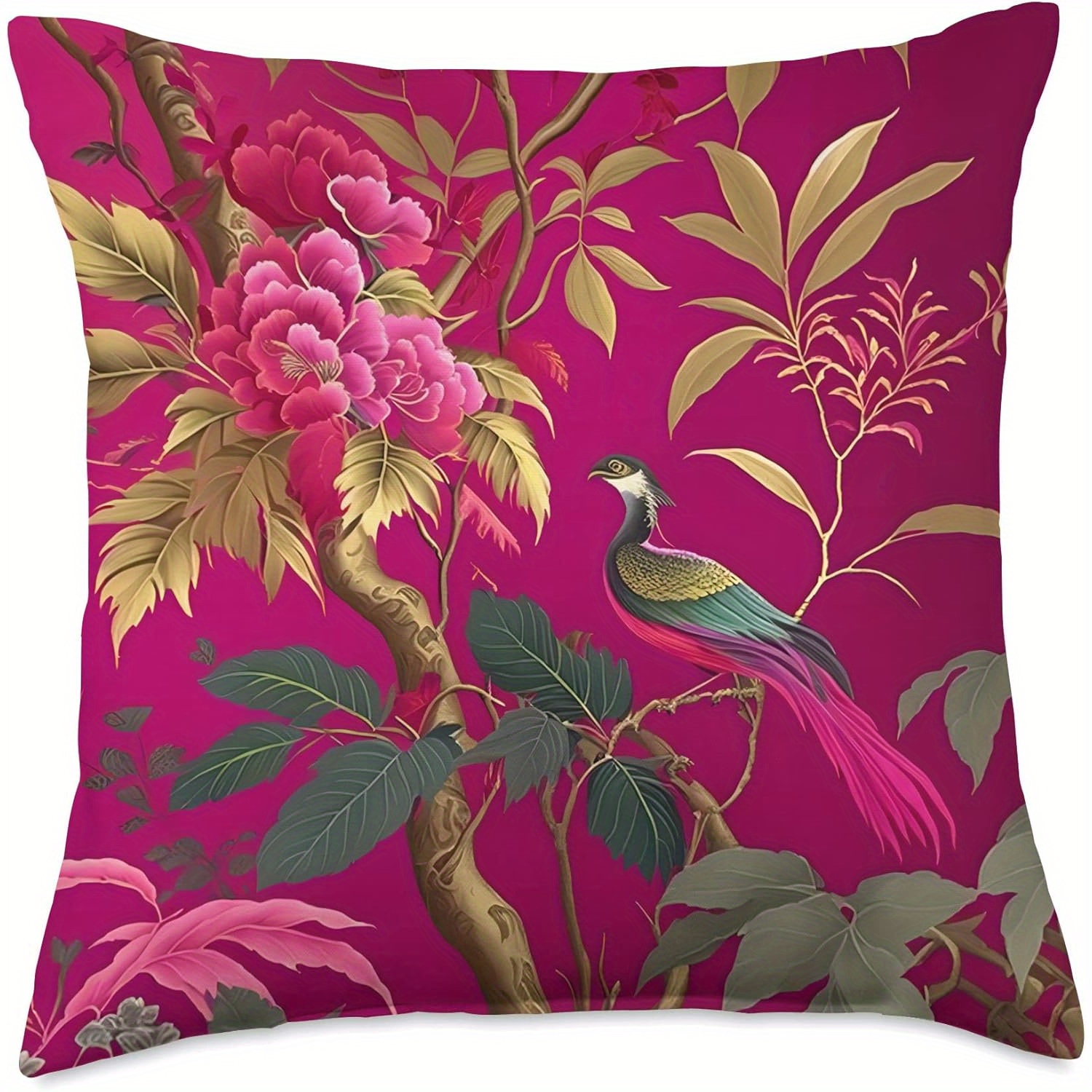 Image of Decorative Pillowcase In A Bohemian Style With A Chinese - Featuring A And , Set Against A Background Of Pink, Green, Golden, And Purple. It Includes A Zipper Closure, Is Hand Wash Only