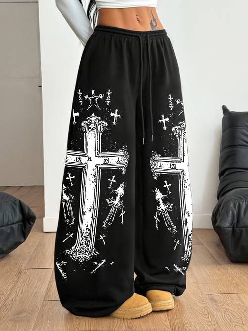 punk style pants gothic cross sweatpants y2k vintage wide leg pants hot al pants loose drawstring sweatpants trendy pants womens al black straight leg pants front tie loose sweatpants for autumn and winter suitable for