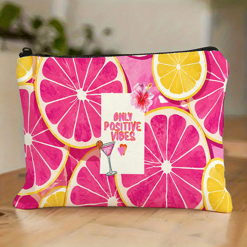 TEMU Pink-orange Grapefruit Sliced Summer Fruit Text-printing Toiletry Bag. The Fabric Is Sturdy And Durable, Suitable For Personal Use Or As A Small