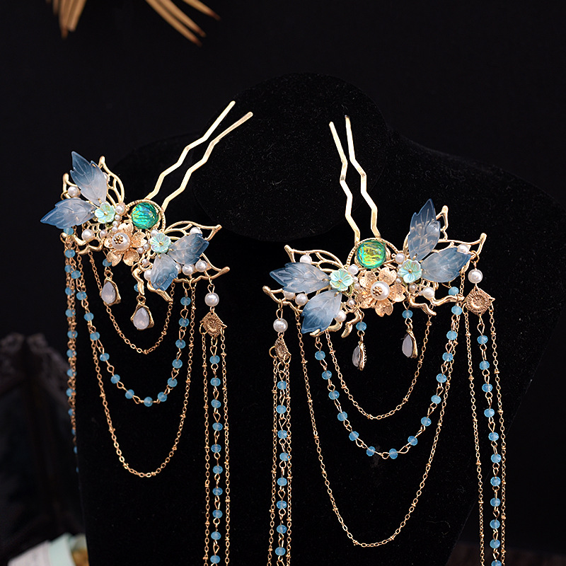 Image of 1pair Of Hanfu Hair Ornaments, A -shaped Tassel Hair Accessory, And A Hairpin Headband Set With Tassels For Frontal Decoration.