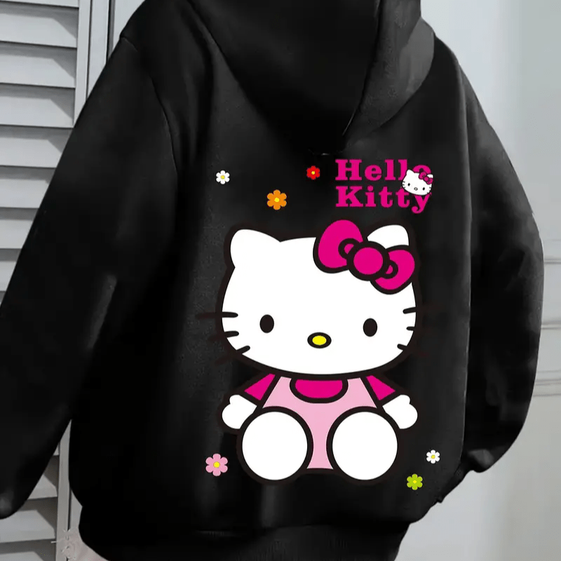 

Sweat à Capuche Sanrio Hello Kitty pour Femme - Sweatshirt Noir en Polyester Décontracté avec Détail Nœud Rose, Lavable en Machine, Confort Toutes