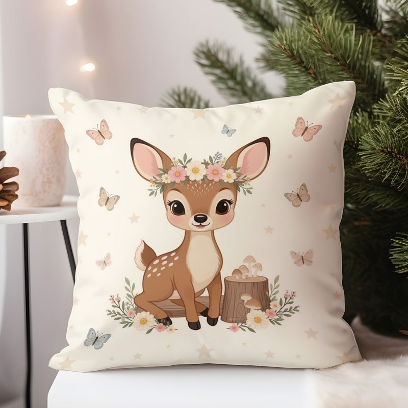 TEMU 1 pièce Taie d'oreiller avec couronne de faon , en peluche courte de , imprimée avec des de faon, de fleurs, de papillons et d'étoiles, coussin