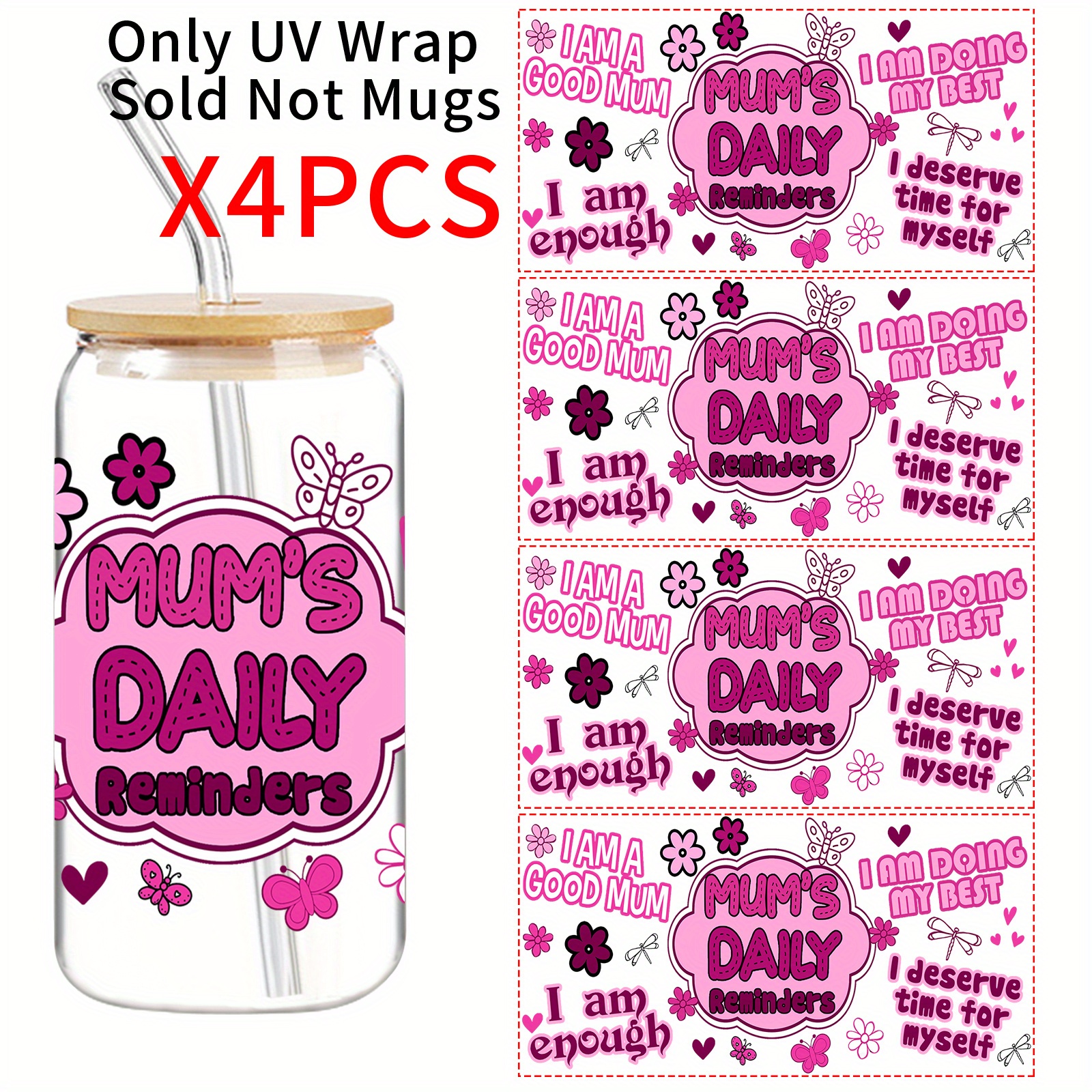 TEMU 4pcs/ Set, Pink, Flower, Text Pattern Transfer Sticker, Uv Dtf High Quality Self-adhesive Flower, Suitable For 16oz Glasses, Water Bottles, Home